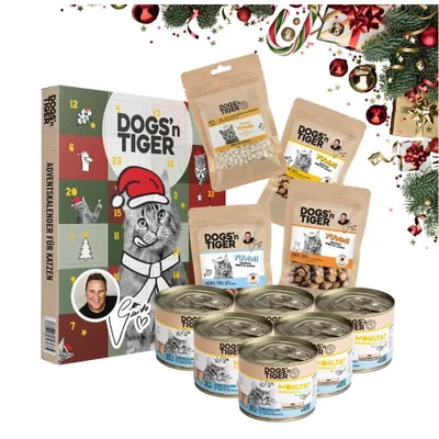 Produktbild von Dogs’n Tiger- Guido Maria Kretschmer Adventskalender Katzen Box | Monoprotein | Huhn & Lachs | Premium Fleischmahlzeiten & Snacks | Adventskalender