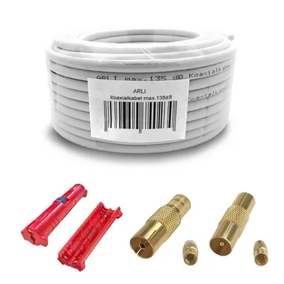 Produktbild von 10m ARLI Koaxialkabel – max. 135 dB 5-fach geschirmt UV-beständig + TV Antennenstecker & Abisoliermesser für DVB-S DVB-T2 4K HDTV