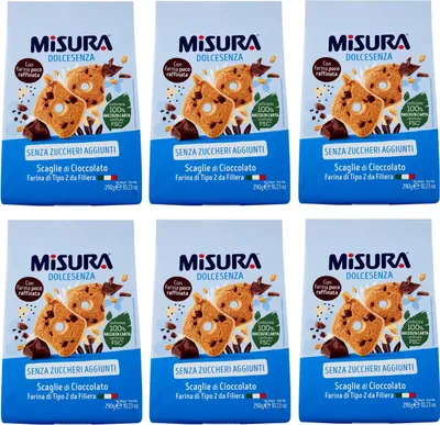 Produktbild von 6x Misura Dolcesenza Biscotti con Scaglie di Cioccolato Kekse mit Schokoladenstückchen Ohne Zuckerzusatz Packung mit 290g + Italian Gourmet Polpa di Pomodoro 400g Dose