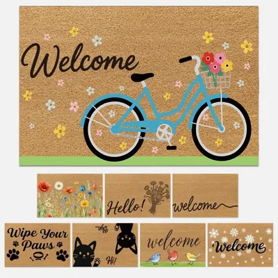Productafbeelding van Voordeurmat van kokosvezel met fietsmotief, blauw, antislip, 76x43x1 cm, geschikt voor binnen- en buitengebruik
