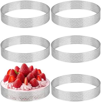 Produktbild von 6 Stück Ø 10 cm Dessertringe, 430 Edelstahl Tartelette Förmchen, Perforierter Crumpet Rings, Backringe für Torten Gebäck Minikuchen Mini-Pizzen Muffins