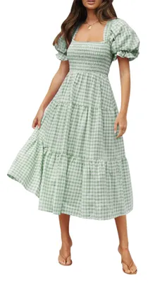 Immagine prodotto di ZESICA, abbigliamento da donna, collezione estate 2024: vestito bohémien con motivo a quadri, scollo a V, maniche a sbuffo, volant e taglio ampio, ideale per la spiaggia