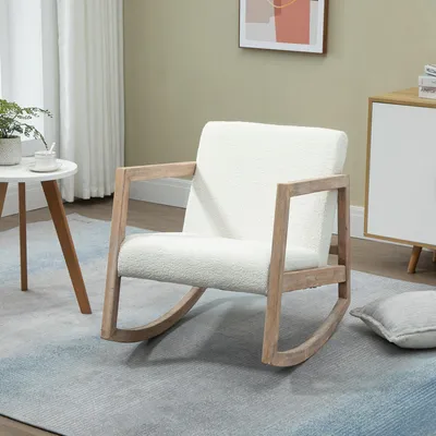 Produktbild von Schaukelstuhl gepolstert, Relaxsessel Holz, Teddyfleece Sitzkissen, Wohnzimmersessel, Cremeweiß | 60 x 81 x 71 cm | bis 150 kg | Kautschukholz