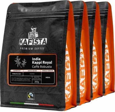 Immagine prodotto di Kafista "India Kappi Royal" - 100% Robusta, torrefatto in Italia - chicchi di caffè espresso 4x250g
