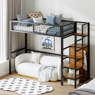 Image de MODFU : lit superposé 90 x 200 cm avec bureau, lit superposé, lit simple, lit pour adolescent avec barrière de sécurité (sans matelas), noir