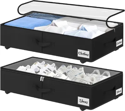 Productafbeelding van Onderbedcommode met wieltjes - Set van 2 - 360 graden draaibaar - Opbergdoos met transparant deksel - Snelle montage - Bedbox