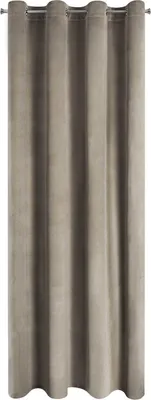 A close-up view of a brown curtain hanging from a curtain rod.