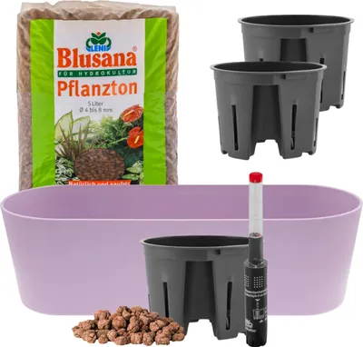 Produktbild von Leni Flori Jardiniere Blumentopf länglich 36 cm lavendel / lila Hydrokultur-Komplett-Set mit Übertopf Hydro-Töpfen Wasserstandsanzeiger & Pflanzton