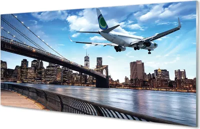 Produktbild von Glasbilder 120x60 Wandkunst Flugzeug Wolken Stadt