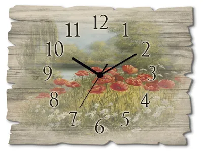 A wooden-style wall clock with a painting of a poppy meadow by a lake.