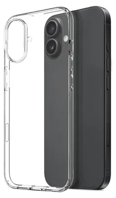 A clear phone case is shown on a white background, with a dark-colored smartphone inside it.