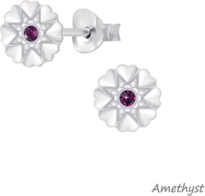 Produktbild von Blumen Herz Ohrstecker mit Kristall: 925 Silber Ohrringe Amethyst