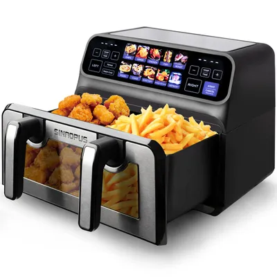 Produktbild von 9L Heißluftfritteuse Doppelkammer 2200W, 2×4,5L Dual Zone Airfryer mit herausnehmbarer Trennwand, Sichtfenster, 10 Programme, 50–200°C