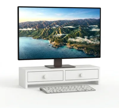 Produktbild von Relaxdays Monitorständer, 2 Schubladen, HxBxT: 12,5 x 47 x 18 cm, MDF, Monitorerhöhung Schreibtisch, PC Ständer, weiß