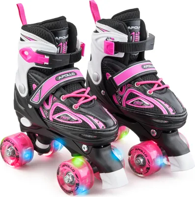 Produktbild von Apollo Super Quad X Pro | verstellbare Rollschuhe für Kinder | komfortable, größenverstellbare LED Roller Skates | Rollschuhe für Mädchen und Jungen | Größen 31 - 42 Größe L (39-42) - pink