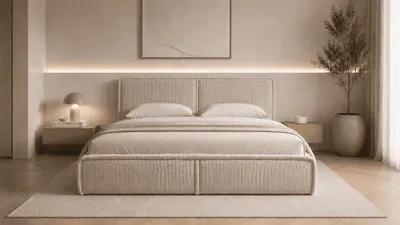 Produktbild von MOEBLO Polsterbett Bett 04 – Doppelbett mit Cord Bezug, Kopfstütze, gepolstertes Kopfteil, Rahmenbettgestell, Bettkasten und Lattenrost - 160x200 - Beige (Poso 02)