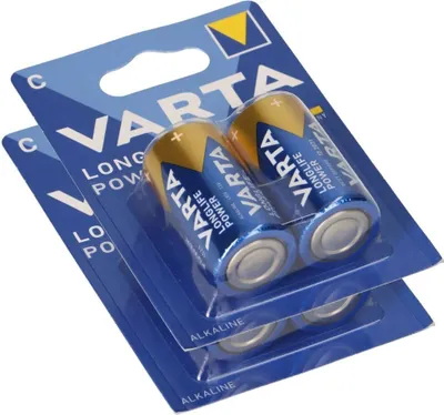 Two blister packs of Varta C batteries are stacked on top of each other, with the top pack angled.