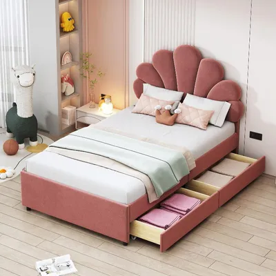 Productafbeelding van Kindbed met gestoffeerde zijkanten, afmetingen 90x200 cm, bekleed met fluweel, met een hoofdeinde in bloemvorm, een lattenbodem en 2 opbergladen, kleur roze, geschikt voor kinderkamers of logeerkamers