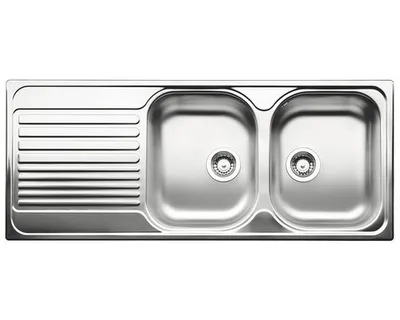 A top-down view of a stainless steel kitchen sink with two basins and a draining board.