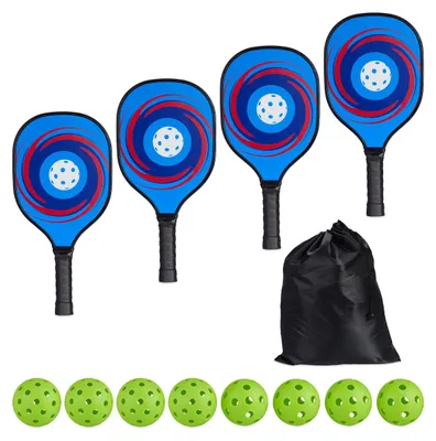Produktbild von Relaxdays Pickleball Set, 4 Schläger & 8 Bälle, Ballspiel USA, Anfänger & Profis, Paddles mit Beutel, Holz, mehrfarbig
