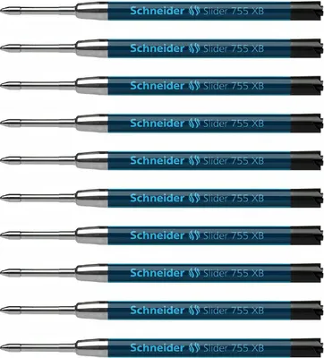A stack of ten blue and silver ink refills for pens.