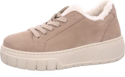 A single beige sneaker with a cream-colored sole and white fuzzy lining is shown against a white background.