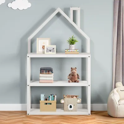 Produktbild von Kinderzimmer Regal LENISE in Hausform weiß - Kinderregal, Bücherregal, massive Kiefer, 3  Ablagen mit viel Stauraum