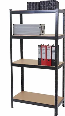 A black metal shelving unit with four shelves, displaying various items on each shelf.