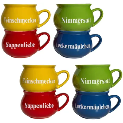 Produktbild von BURI Suppentassen 8er-Set aus Keramik | Bunte Henkel-Schüsseln mit Sprüchen | 400 ml | Spülmaschinenfest & mikrowellengeeignet | Mediterraner Stil