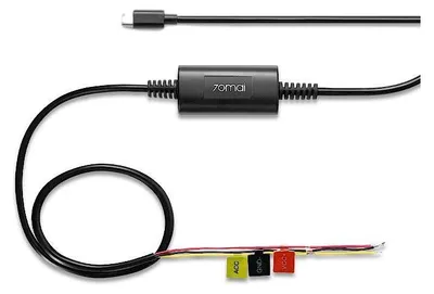 A close-up shot of a car dashcam hardware kit with a USB-C connector and three colored wires labeled ACC, GND, and VCC.