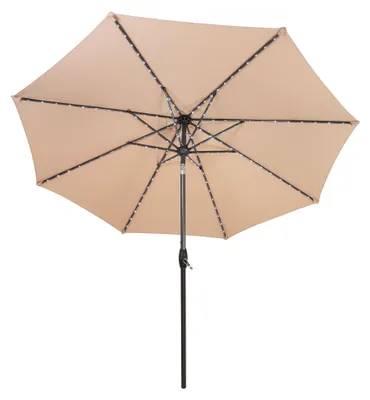 Image de Parasol LED inclinable beige de 2,7 m avec manivelle d'inclinaison et 128 lumières solaires, 8 baleines, parasol de jardin pour terrasse, protection contre les UV, housse de protection contre la pluie incluse