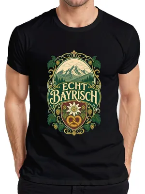 Imagen del producto de Camiseta para hombre, diseño de los Alpes bávaros, con motivos de edelweiss, pretzel, lúpulo y lederhosen (pantalones de cuero tradicionales), color , talla 3XL