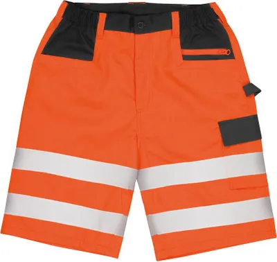 A pair of orange safety cargo shorts with black accents and reflective stripes.
