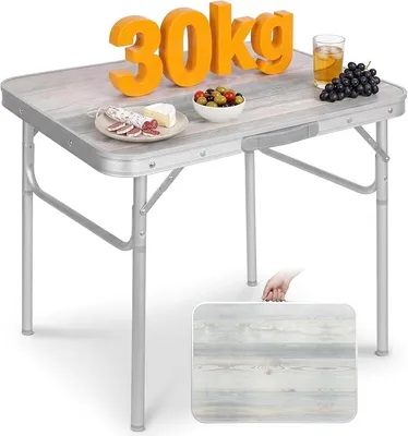 Imagen del producto de Mesa plegable para camping, de aluminio, con dimensiones de 75x55 cm, con superficie de MDF, y capacidad de carga de hasta 30 kg