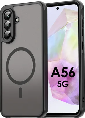 A black phone case with a magnetic ring is shown next to a smartphone displaying "A56 5G".