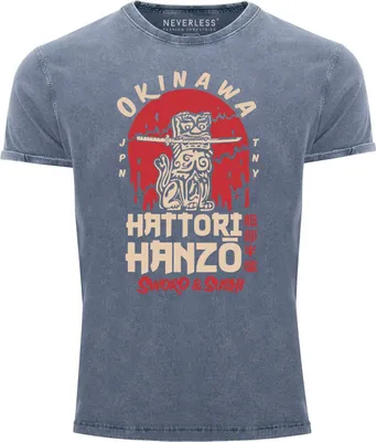 Produktbild von Herren Vintage Shirt Hattori Hanzo Sword and Sushi Okinawa Japan Schriftzeichen Superior Design Used Look Neverless® blau XXL