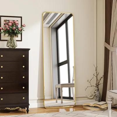 Image de Miroir en pied aux angles arrondis, 40 x 150 cm, avec pied, grand miroir sur pied, miroir mural pour chambre à coucher, salon, couleur dorée