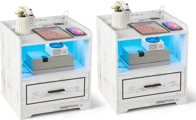 Zdjęcie produktu dla 2-częściowy zestaw stolików nocnych z oświetleniem LED i ładowarką USB