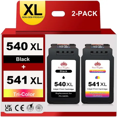 A product package for two ink cartridges, one black and one tri-color, with the cartridges displayed inside.