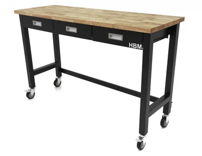 Produktbild von HBM Werkbank, 152 cm, fahrbar, mit 3 Schubladen, Massivholz-Arbeitsplatte, schwarz
