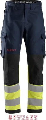 Produktbild von Snickers ProtecWork Hi-Vis Arbeitshose, Kl. 1, EN 1149, 11611, 11612, 13034, 14404, 20471, IEC 61482 Navy-HV-Gelb-64