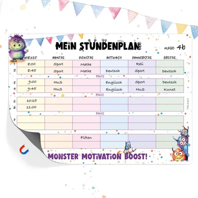 Produktbild von Stundenplan magnetisch Grundschule - Süße Monster Design | Stundenplan abwischbar Jungen & Mädchen | Stundenplan 1. Klasse