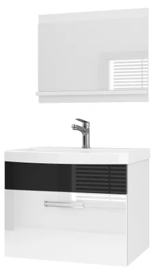 Immagine prodotto di Set di mobili da bagno BELINI PRI P1, 60 cm, bianco/nero lucido - Mobile bagno moderno con lavabo e specchio, completo di tutti gli accessori, da montare a parete