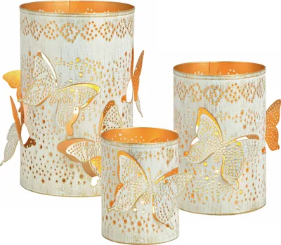 Immagine prodotto di Set di 3 luci a vento in bianco / oro - farfalla - metallo / circa 20, 15, 13 cm