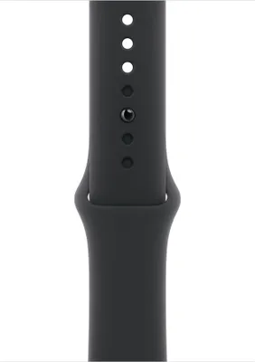 A close-up view of a black watch band with holes for adjustment.