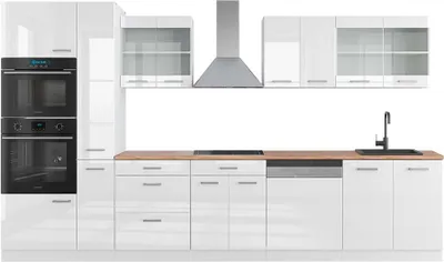 Produktbild von Küchenzeile Vicco R-Line Weiß Hochglanz/Weiß 350 cm mit Hochschrank, AP Eiche, Model 42271