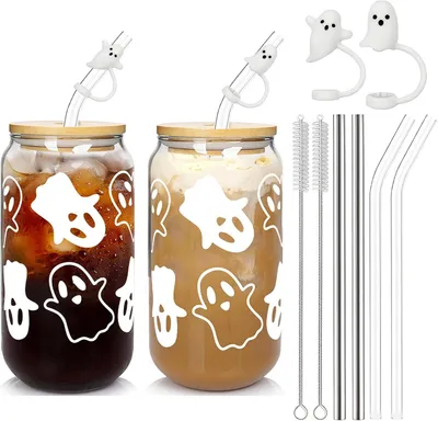 Produktbild von Halloween Tumbler Set,2 Geister Gläser mit Deckel, Glasstrohhalm, 20oz