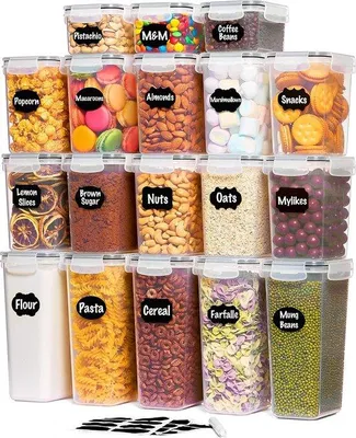 Imagen del producto de Contenedores herméticos para alimentos, con tapas de cierre giratorias estándar, organizador de contenedores para alimentos con rotuladores para etiquetas, ideal para cereales, azúcar y alimentos secos en la despensa, sin BPA, juego de 18 piezas