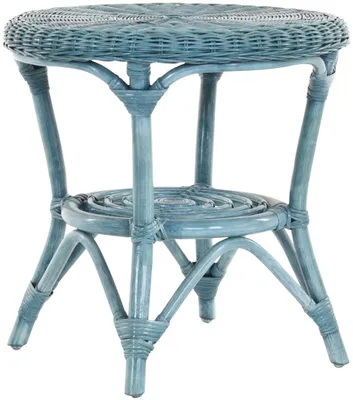 Produktbild von KRINES HOME Runder Rattan-Tisch Ø 50 cm / Beistelltisch Rund / Couchtisch Rattantisch Kaffeetisch (Blau)