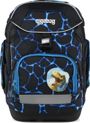A black and blue patterned backpack with a dinosaur graphic on the front.